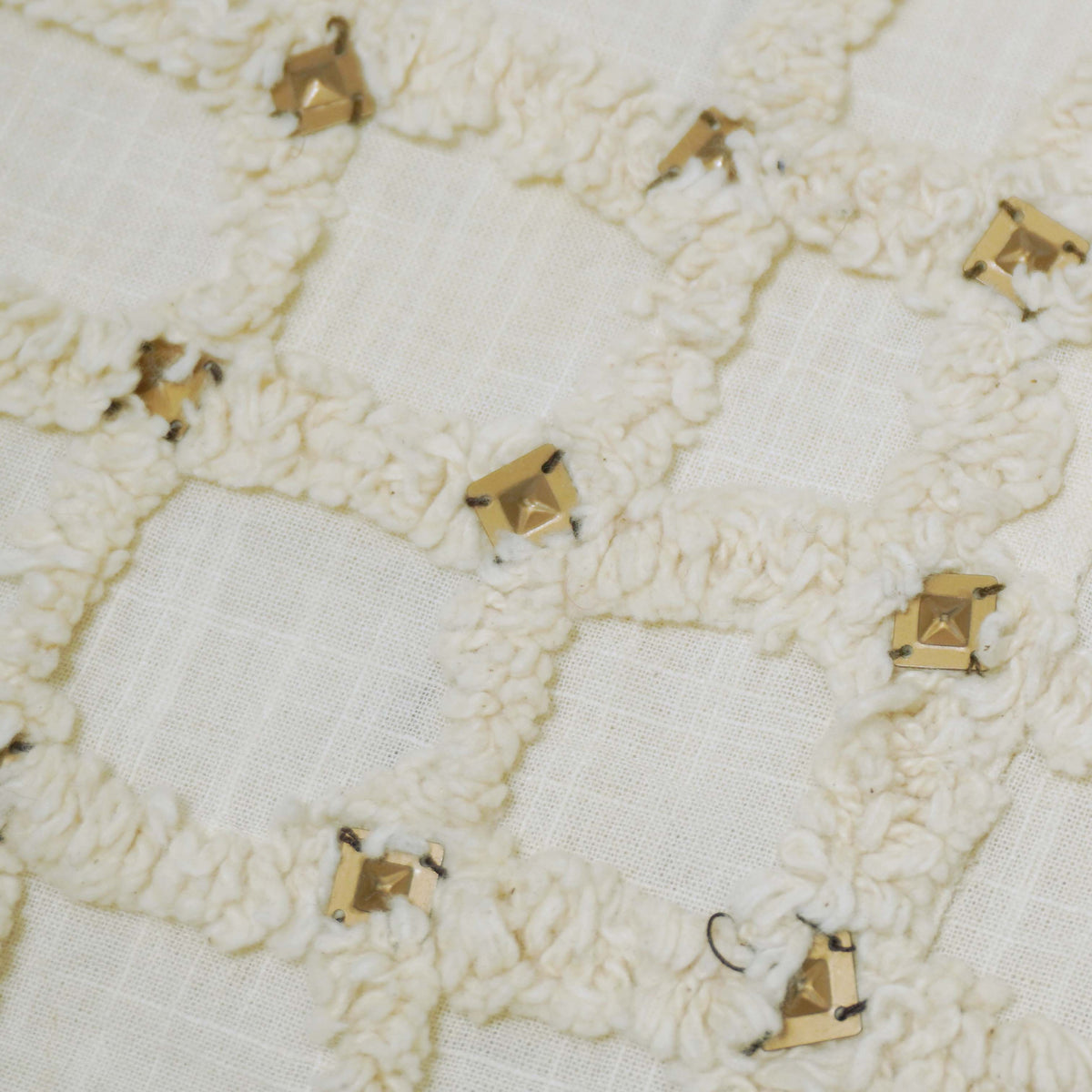 Ivory white grid textured tufted cotton cushion cover with metallic accents 45x45 cm