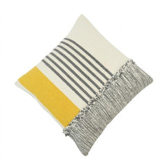 Handwoven Striped Cotton Cushion Cover with Yellow Accent & Fringe Detail | 45x45 cm