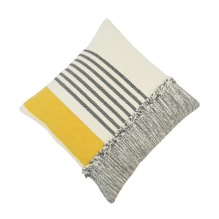 Handwoven Striped Cotton Cushion Cover with Yellow Accent & Fringe Detail | 45x45 cm