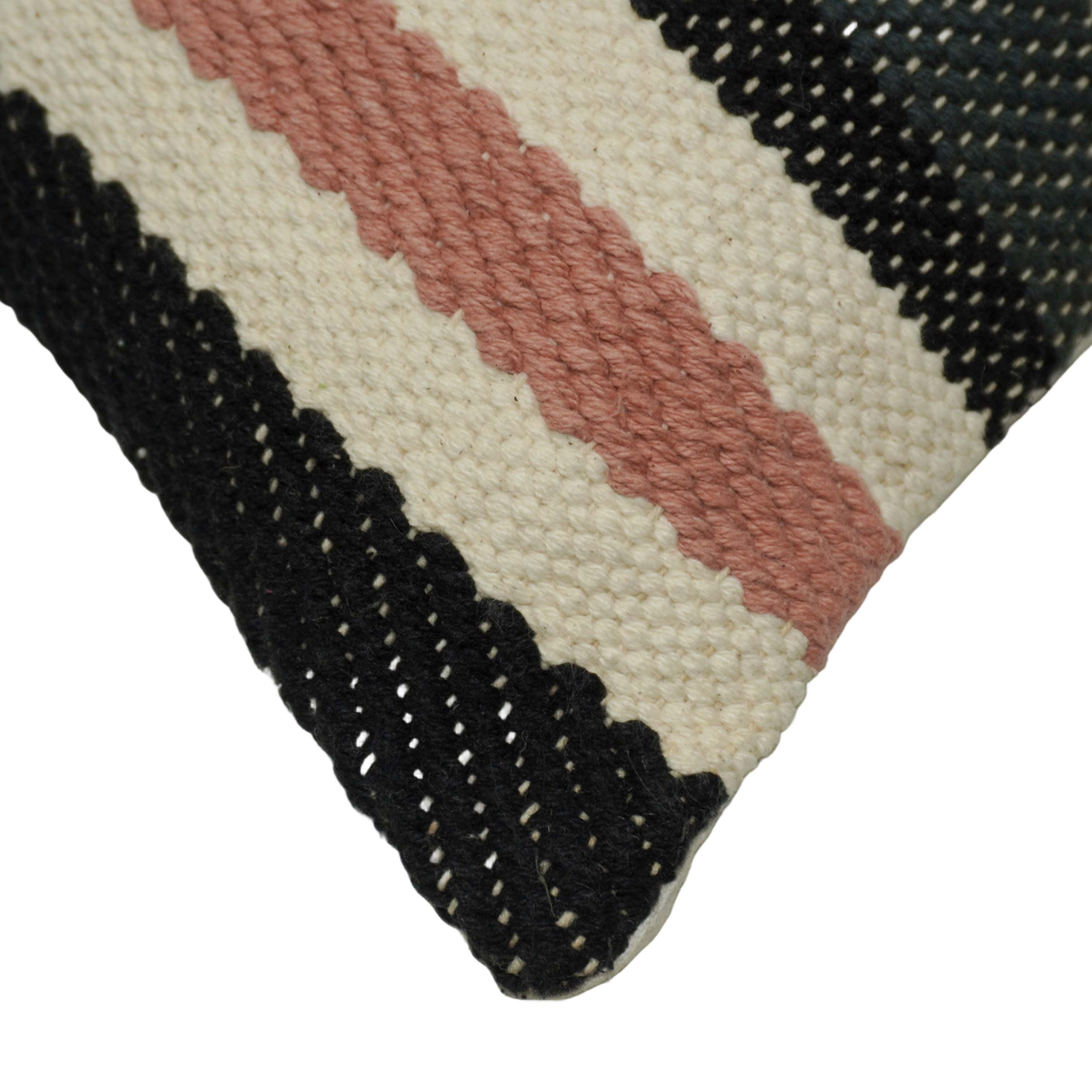 Handwoven Cotton Striped Cushion Cover 45x45 cm | Black, Ivory & Blush Pink Woven Throw Pillow Cover | Modern Boho Home Décor | Concealed Zipper
