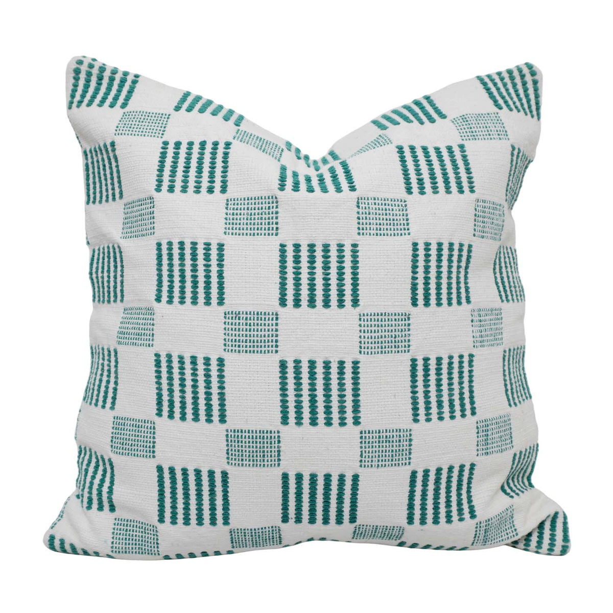 Handwoven Cotton Checkered Cushion Cover 45x45 cm | Geometric Woven Throw Pillow Cover | White & Teal Decorative Cushion Cover | Modern Home Décor - Bulk manufacturer & supplier from Panipat, India