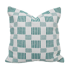 Handwoven Cotton Checkered Cushion Cover 45x45 cm | Geometric Woven Throw Pillow Cover | White & Teal Decorative Cushion Cover | Modern Home Décor