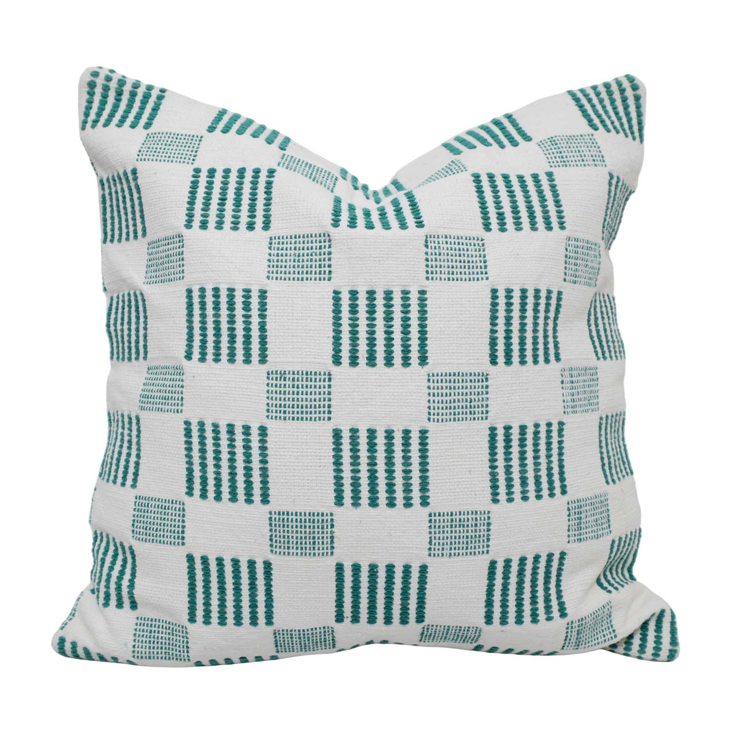 Handwoven Cotton Checkered Cushion Cover 45x45 cm | Geometric Woven Throw Pillow Cover | White & Teal Decorative Cushion Cover | Modern Home Décor