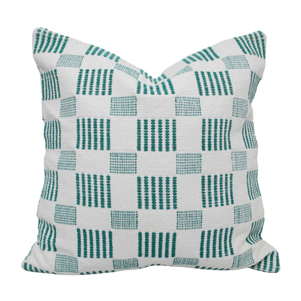 Handwoven Cotton Checkered Cushion Cover 45x45 cm | Geometric Woven Throw Pillow Cover | White & Teal Decorative Cushion Cover | Modern Home Décor
