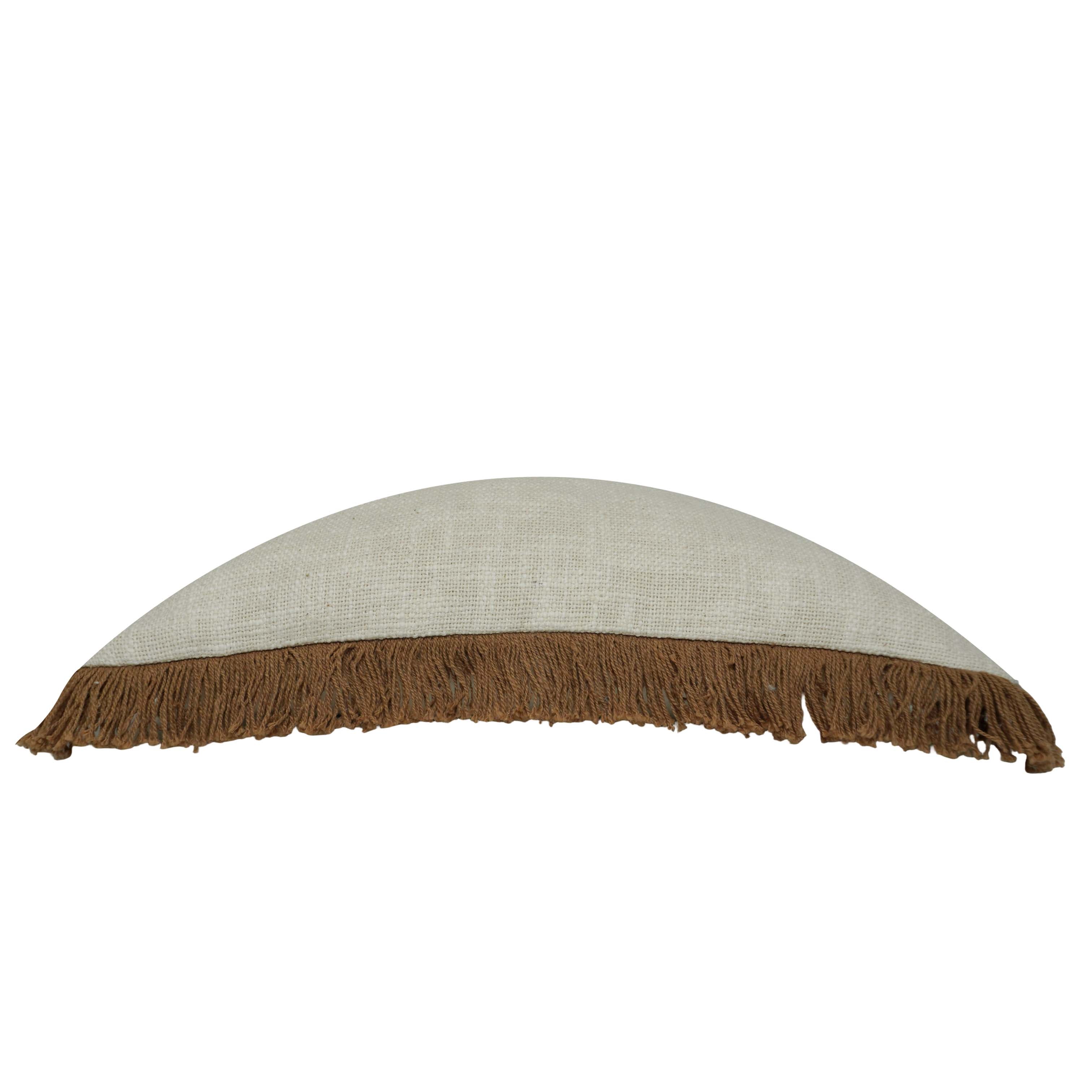 Handwoven Cotton Cushion Cover with Brown Fringe – 45 x 45 cm | Natural Ivory Textured Boho Accent Pillow Cover