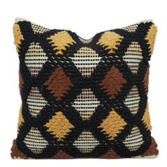 Handwoven Tufted Geometric Cushion Cover – Black, Mustard & Brown – 45 x 45 cm