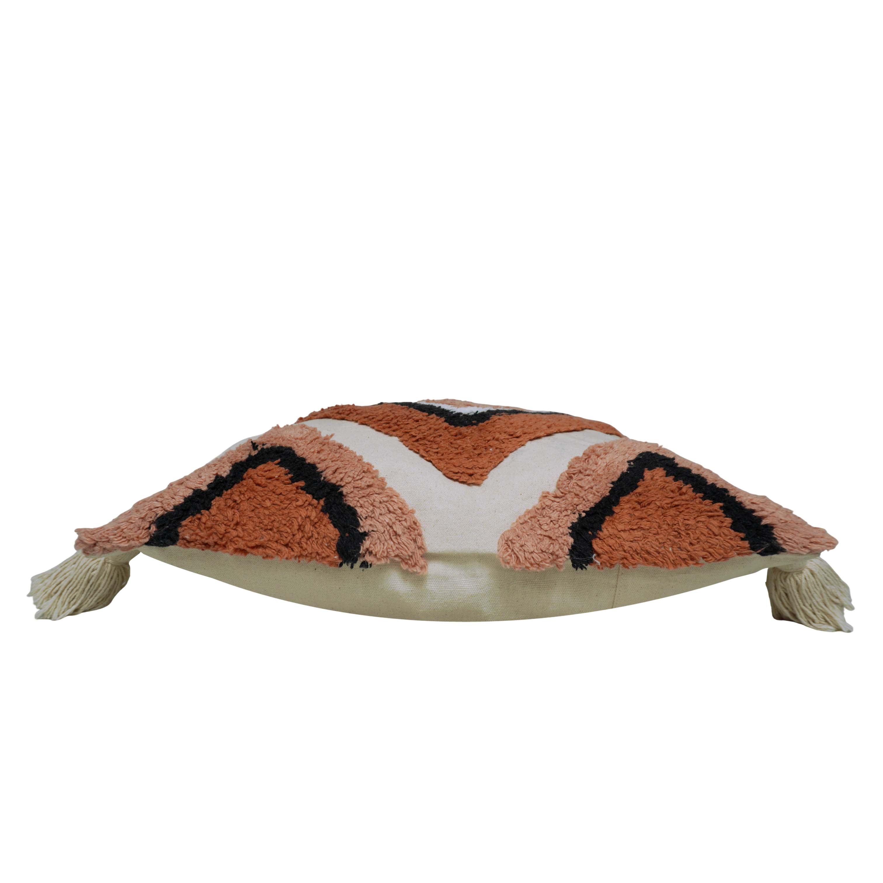 Hand Tufted Cotton Cushion Cover 45x45 cm – Geometric Diamond Design with Tassel Details, Rust & Blush