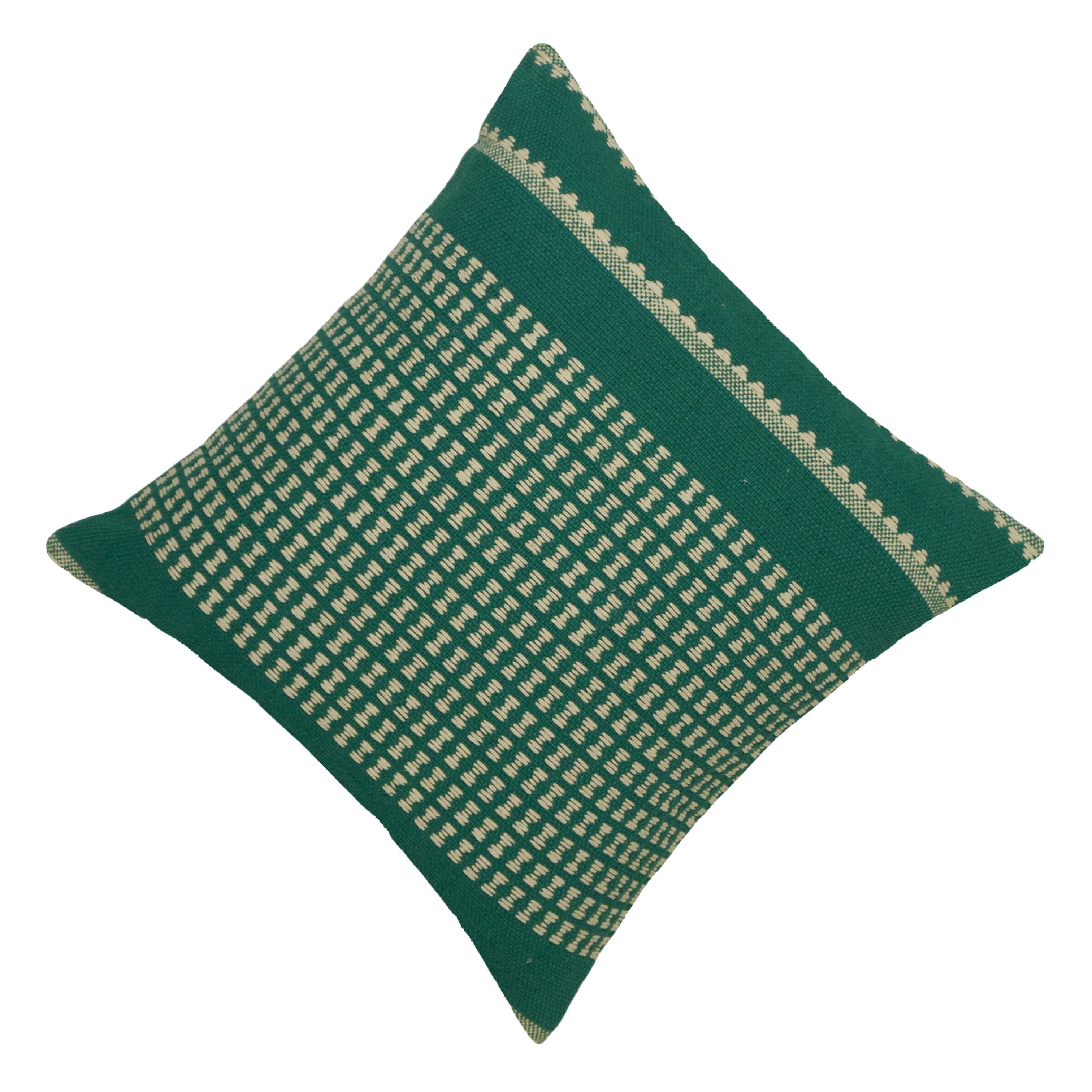 Handwoven Cotton Cushion Cover 45x45 cm | Green & Ivory Woven Geometric Pattern | Artisan Handmade Decorative Throw Pillow Cover | Concealed Zip | 100% Cotton