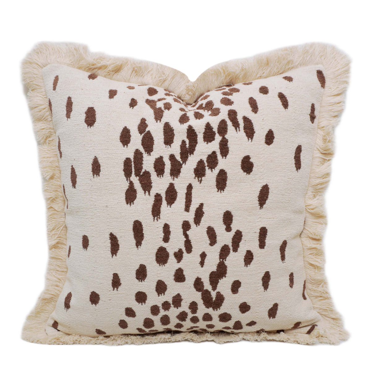 Jacquard Cushion Cover 45x45 cm – Cream & Brown Abstract Pattern with Fringe