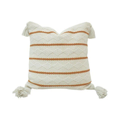 Handwoven Knitted Cotton Cushion Cover with Tassels – Ivory & Rust Striped Textured Design | 45 x 45 cm