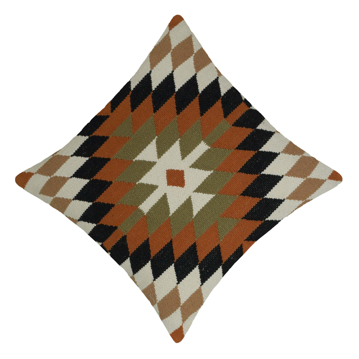 Handwoven Geometric Diamond Pattern Cotton Cushion Cover – Rust, Black, Olive & Ivory – 45 x 45 cm