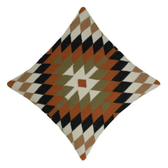 Handwoven Geometric Diamond Pattern Cotton Cushion Cover – Rust, Black, Olive & Ivory – 45 x 45 cm