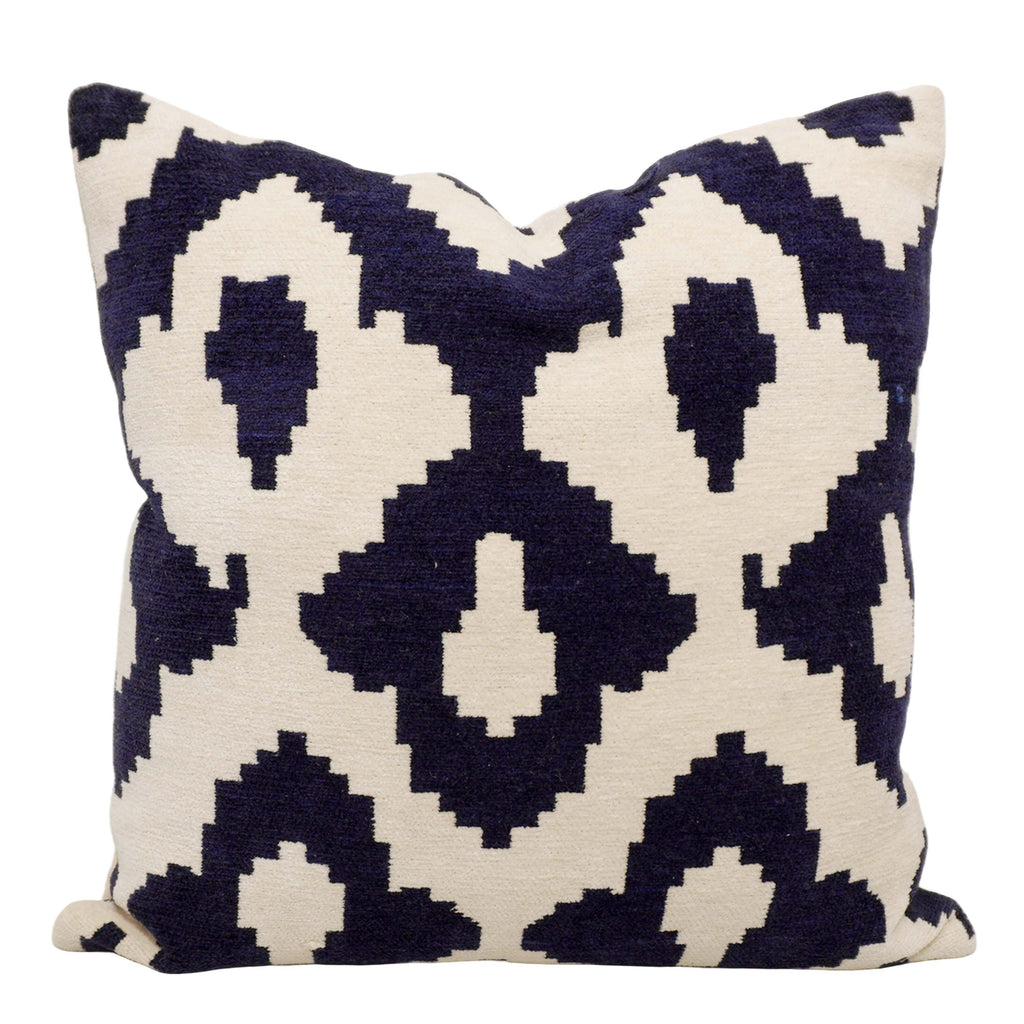 Handwoven Jacquard Cotton Cushion Cover 45x45 cm | Geometric Ikat Pattern | Decorative Throw Pillow Cover with Hidden Zipper | Navy Blue & Ivory