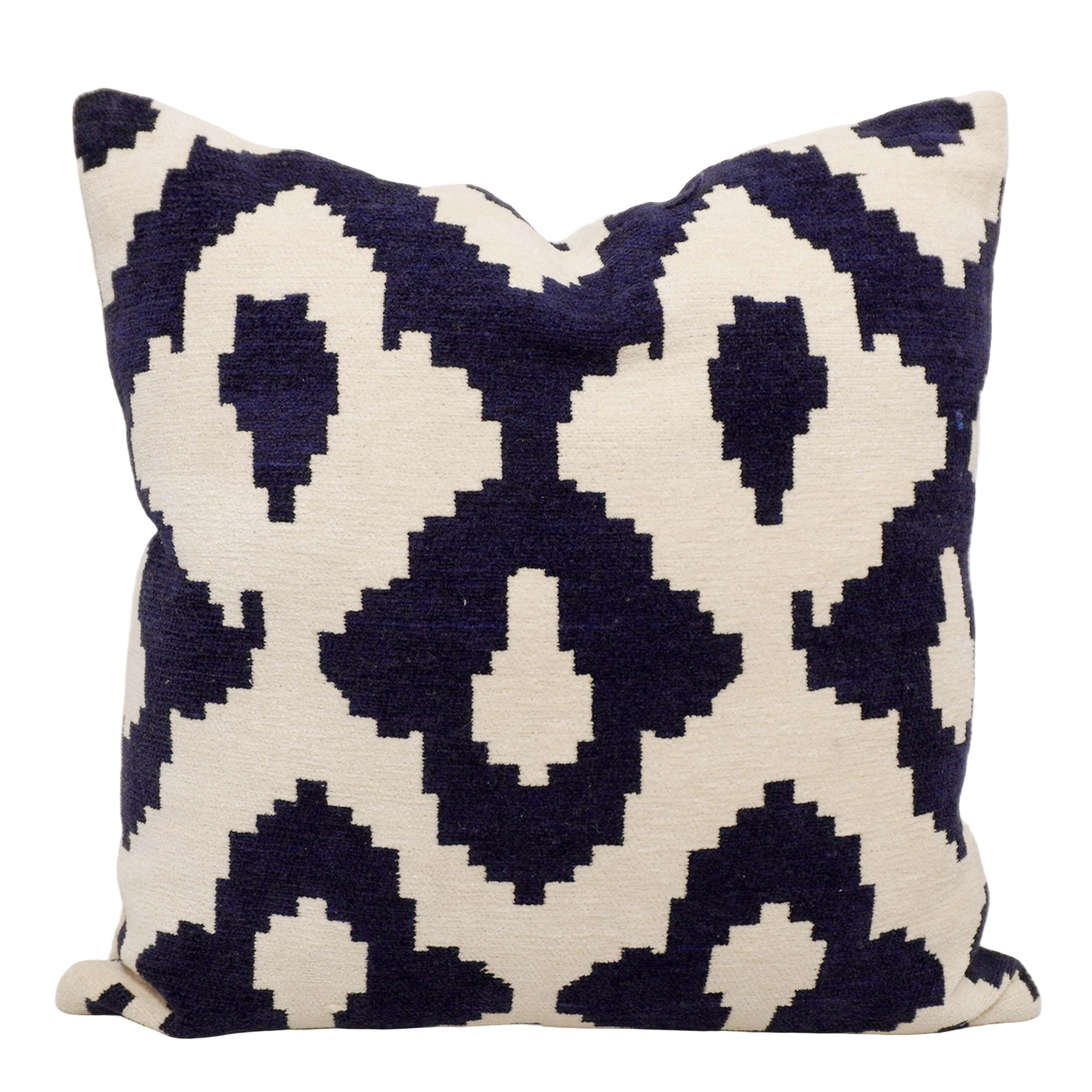 Handwoven Jacquard Cotton Cushion Cover 45x45 cm | Geometric Ikat Pattern | Decorative Throw Pillow Cover with Hidden Zipper | Navy Blue & Ivory