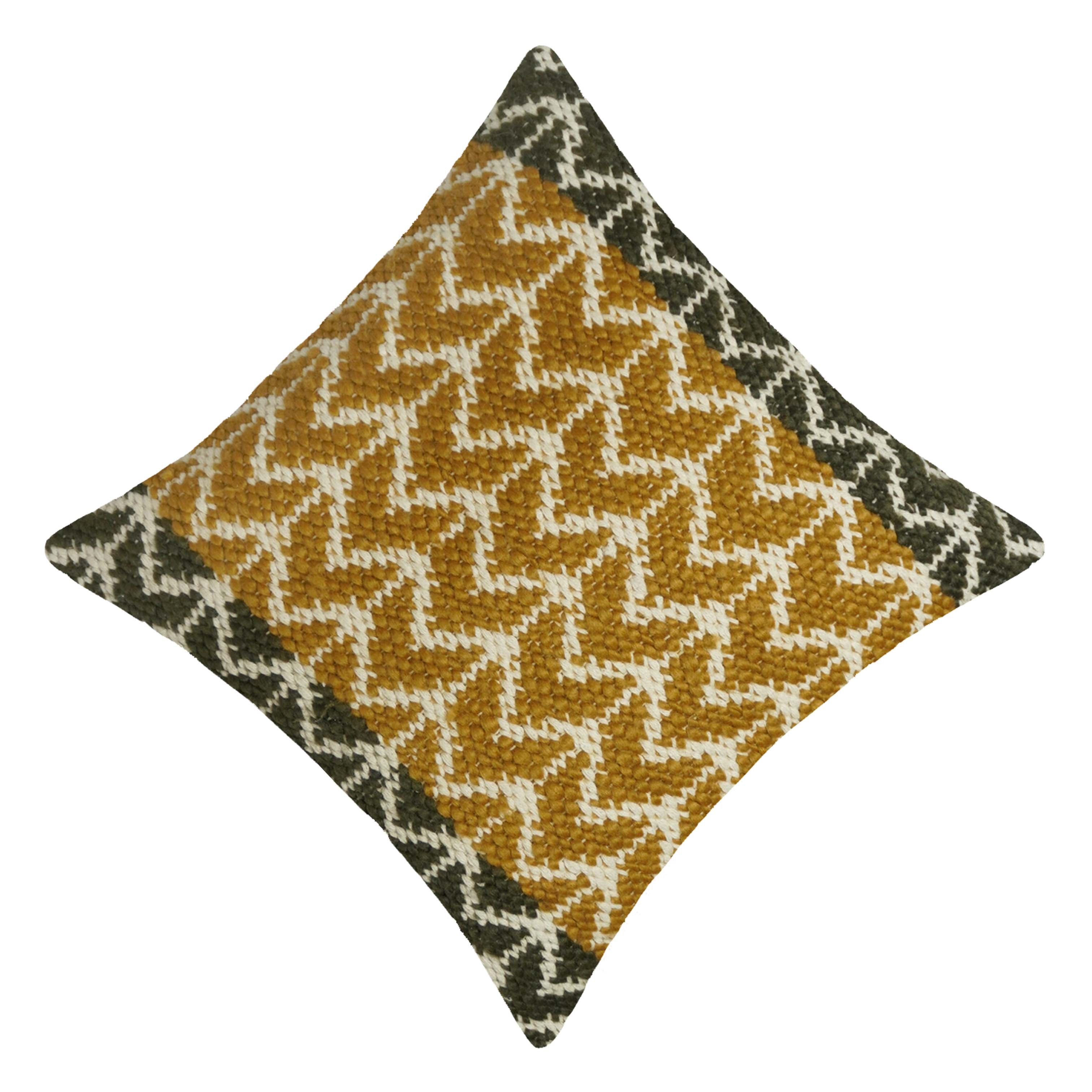 Handwoven Cotton Cushion Cover 45x45 cm | Geometric Woven Textured Throw Pillow Cover | Mustard, Olive & Ivory | Hidden Zipper | Boho Modern Home Décor