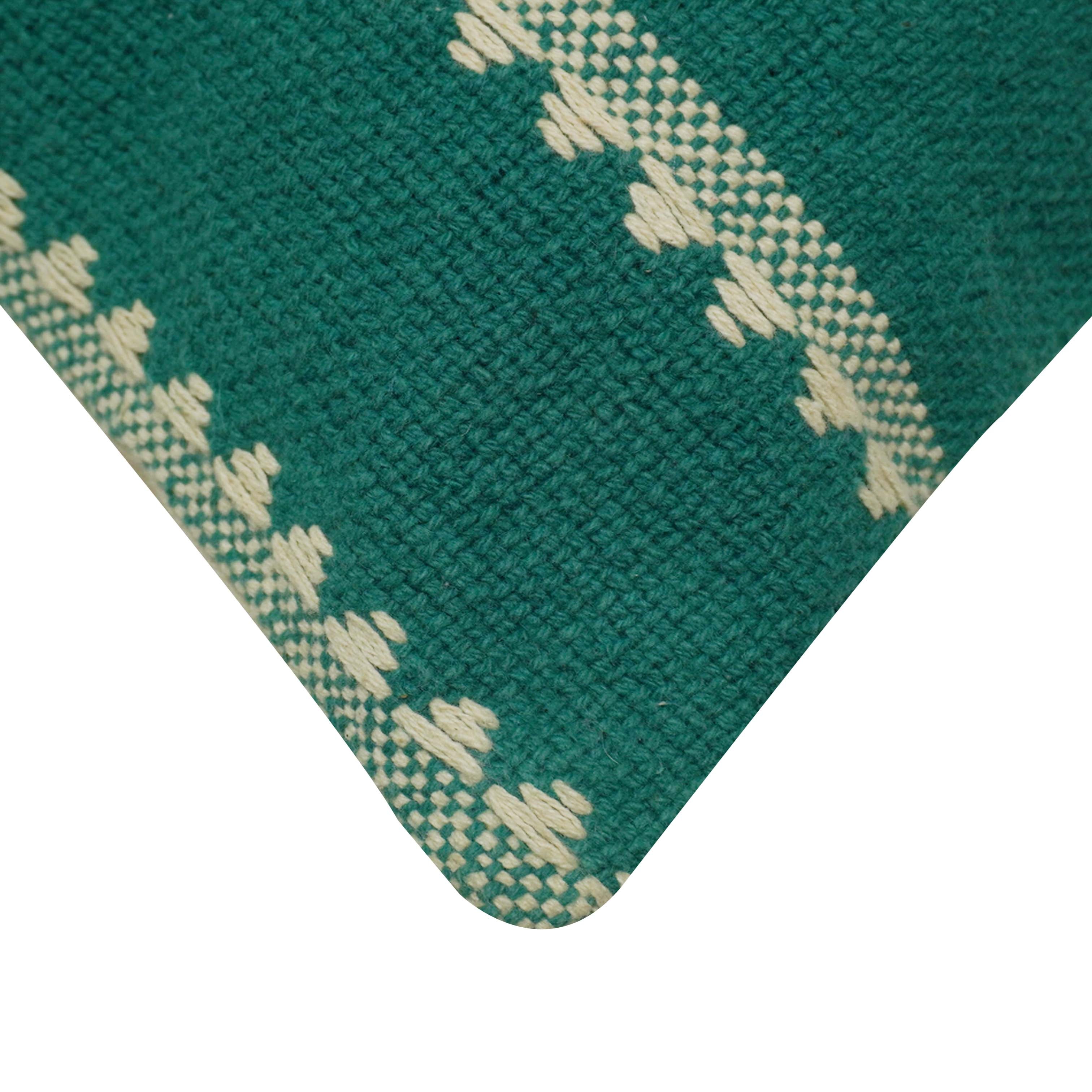 Handwoven Cotton Cushion Cover 45x45 cm | Green & Ivory Woven Geometric Pattern | Artisan Handmade Decorative Throw Pillow Cover | Concealed Zip | 100% Cotton