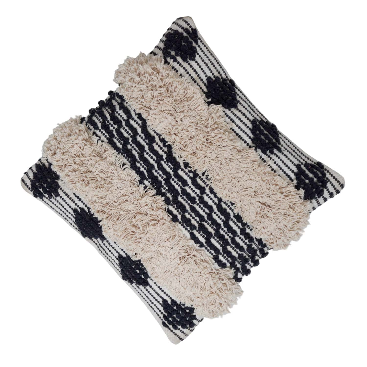 Handwoven Tufted Cotton Cushion Cover 45x45 cm | Black & Natural Textured Boho Throw Pillow Cover | Concealed Zip | Modern Decorative Cushion Cover