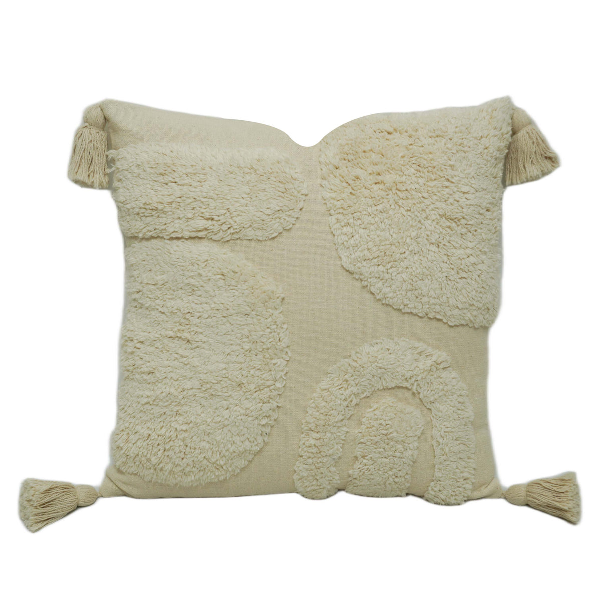 Hand-Tufted Cream Cotton Cushion Cover with Abstract Pattern & Tassels – 45 x 45 cm