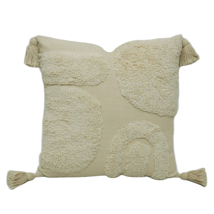 Hand-Tufted Cream Cotton Cushion Cover with Abstract Pattern & Tassels – 45 x 45 cm