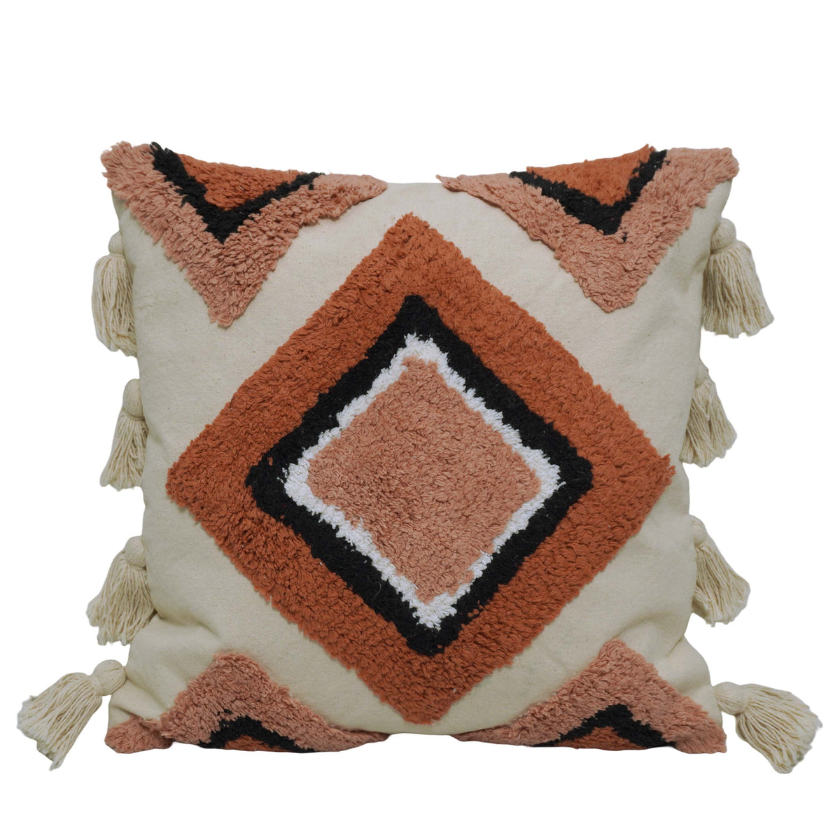 Hand Tufted Cotton Cushion Cover 45x45 cm – Geometric Diamond Design with Tassel Details, Rust & Blush