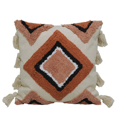 Hand Tufted Cotton Cushion Cover 45x45 cm – Geometric Diamond Design with Tassel Details, Rust & Blush