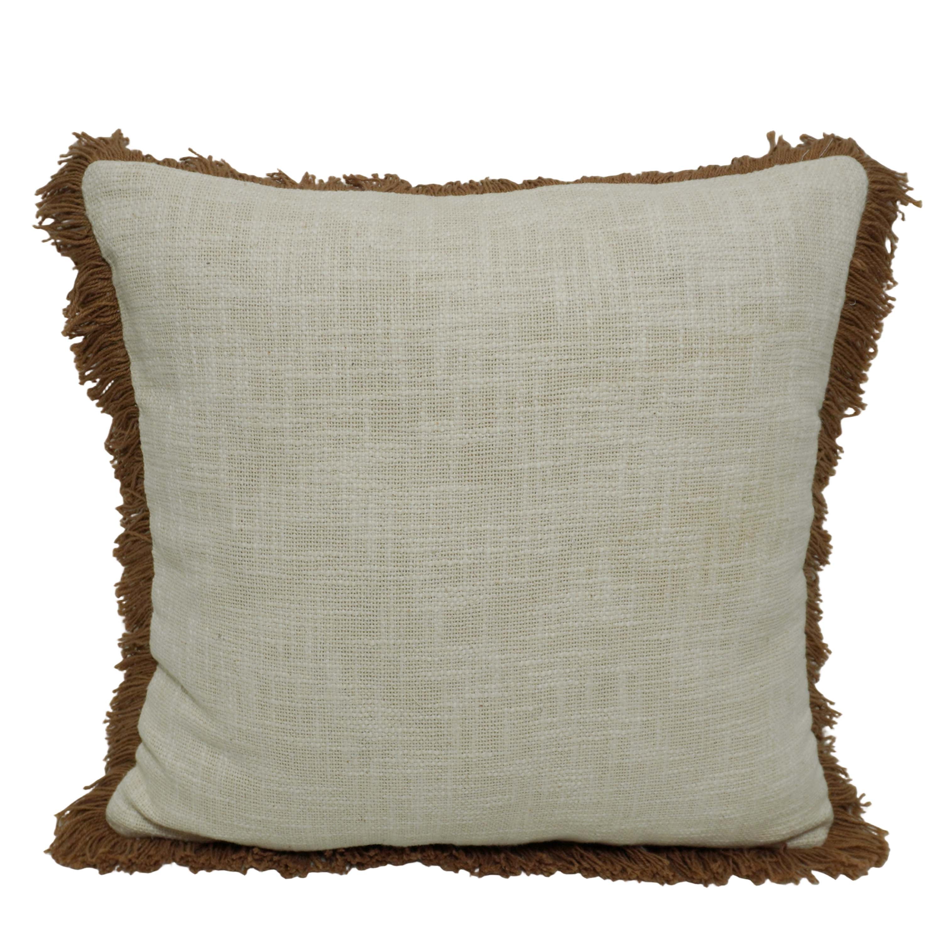 Handwoven Cotton Cushion Cover with Brown Fringe – 45 x 45 cm | Natural Ivory Textured Boho Accent Pillow Cover