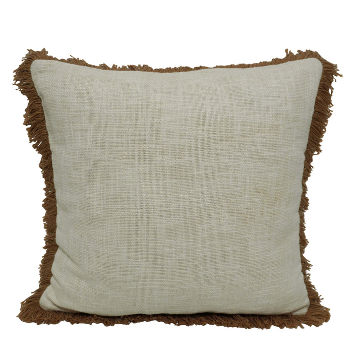 Handwoven Cotton Cushion Cover with Brown Fringe – 45 x 45 cm | Natural Ivory Textured Boho Accent Pillow Cover
