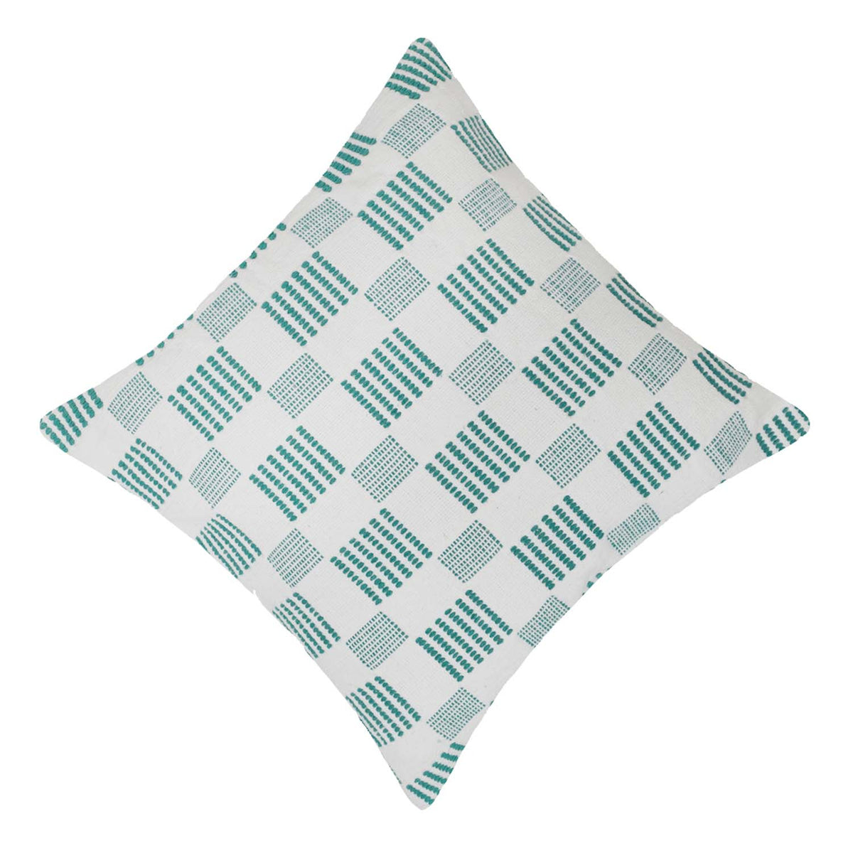 Handwoven Cotton Checkered Cushion Cover 45x45 cm | Geometric Woven Throw Pillow Cover | White & Teal Decorative Cushion Cover | Modern Home Décor - Bulk manufacturer & supplier from Panipat, India