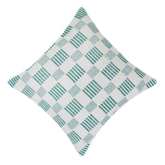 Handwoven Cotton Checkered Cushion Cover 45x45 cm | Geometric Woven Throw Pillow Cover | White & Teal Decorative Cushion Cover | Modern Home Décor