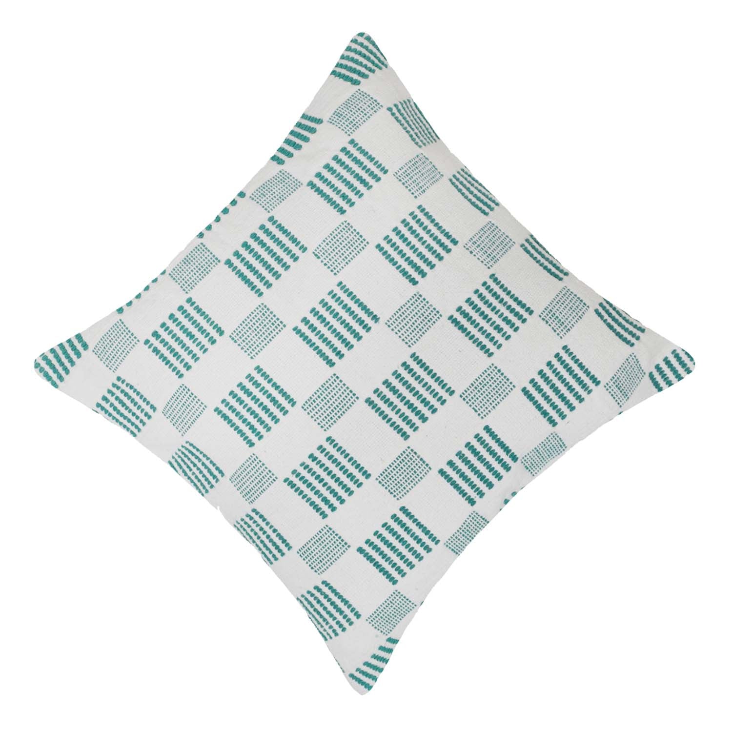 Handwoven Cotton Checkered Cushion Cover 45x45 cm | Geometric Woven Throw Pillow Cover | White & Teal Decorative Cushion Cover | Modern Home Décor