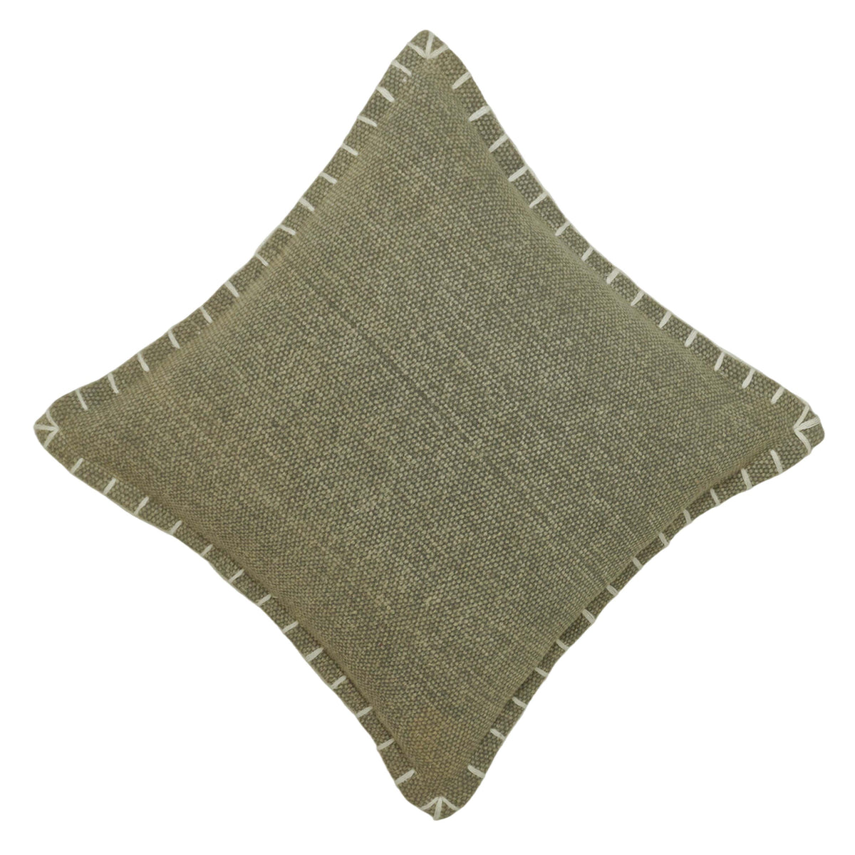 Hand Embroidered Corner Stitch Cotton Cushion Cover 45x45 cm | Decorative Throw Pillow Cover with Contrast Hand Stitch Border | Hidden Zipper | Olive Green