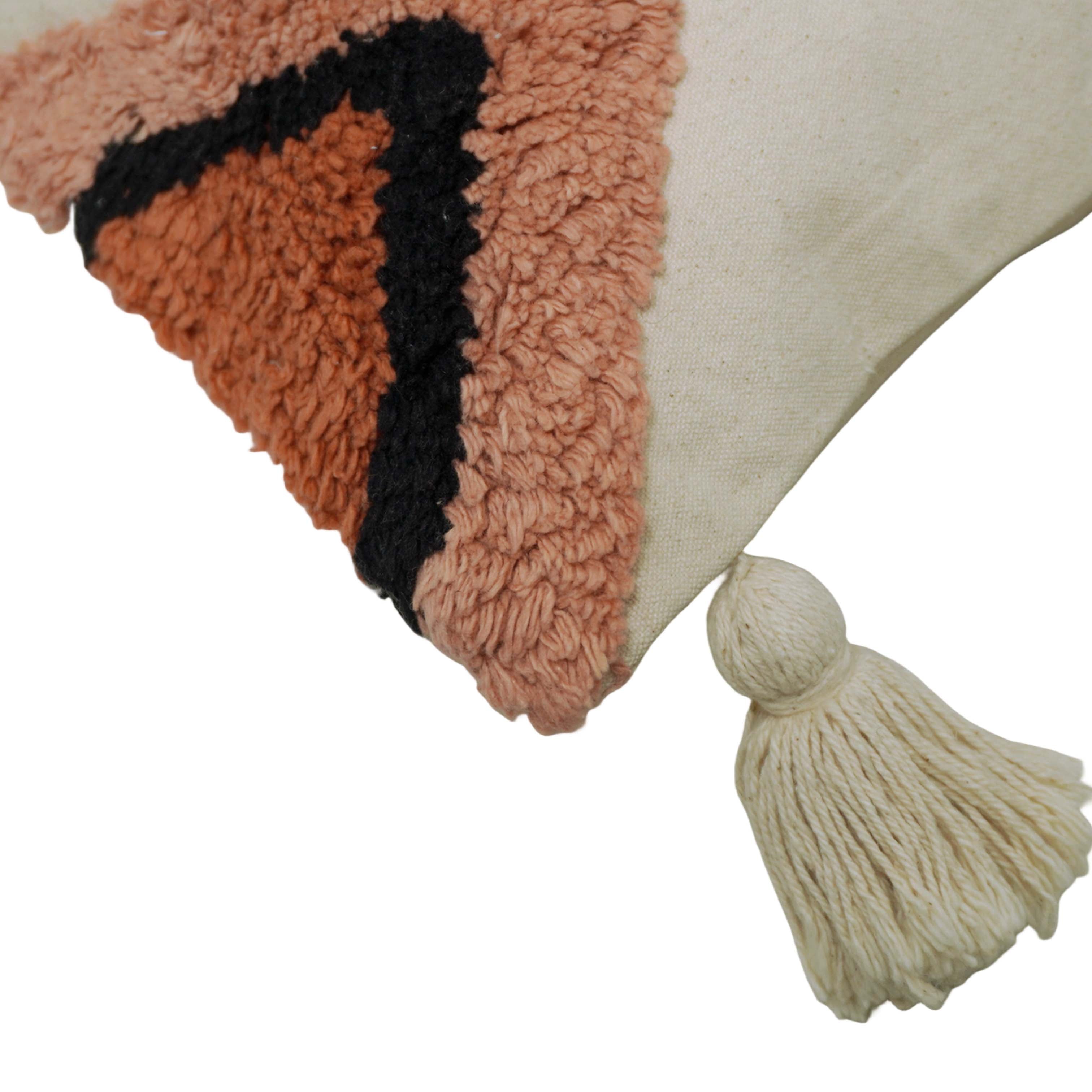 Hand Tufted Cotton Cushion Cover 45x45 cm – Geometric Diamond Design with Tassel Details, Rust & Blush