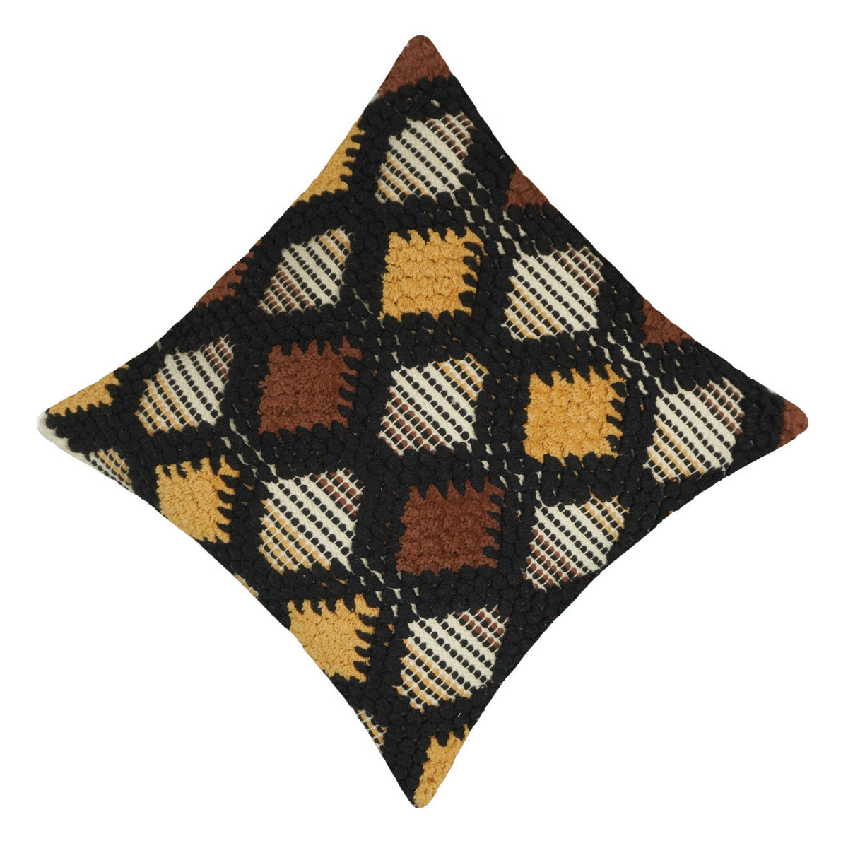 Handwoven Tufted Geometric Cushion Cover – Black, Mustard & Brown – 45 x 45 cm
