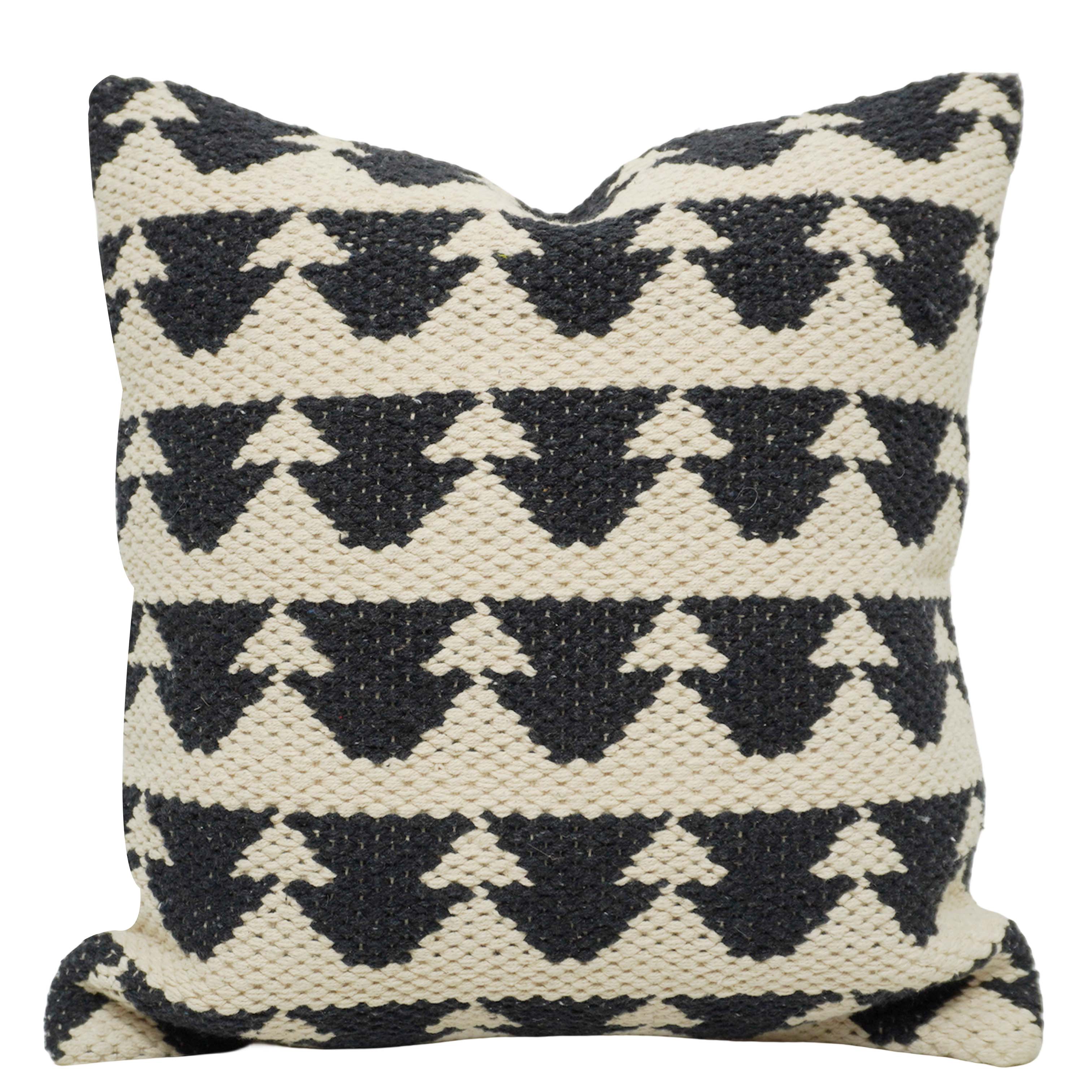 Handwoven Cotton Cushion Cover 45x45 cm | Black & Ivory Geometric Woven Throw Pillow Cover | Boho Farmhouse Decorative Cushion Cover | Hidden Zip