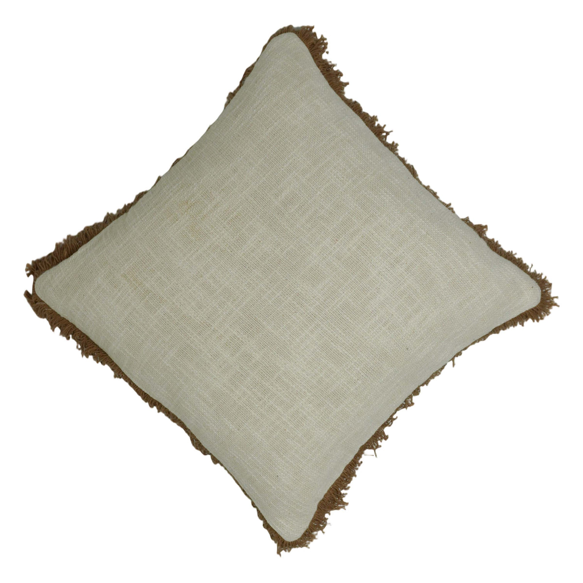 Handwoven Cotton Cushion Cover with Brown Fringe – 45 x 45 cm | Natural Ivory Textured Boho Accent Pillow Cover