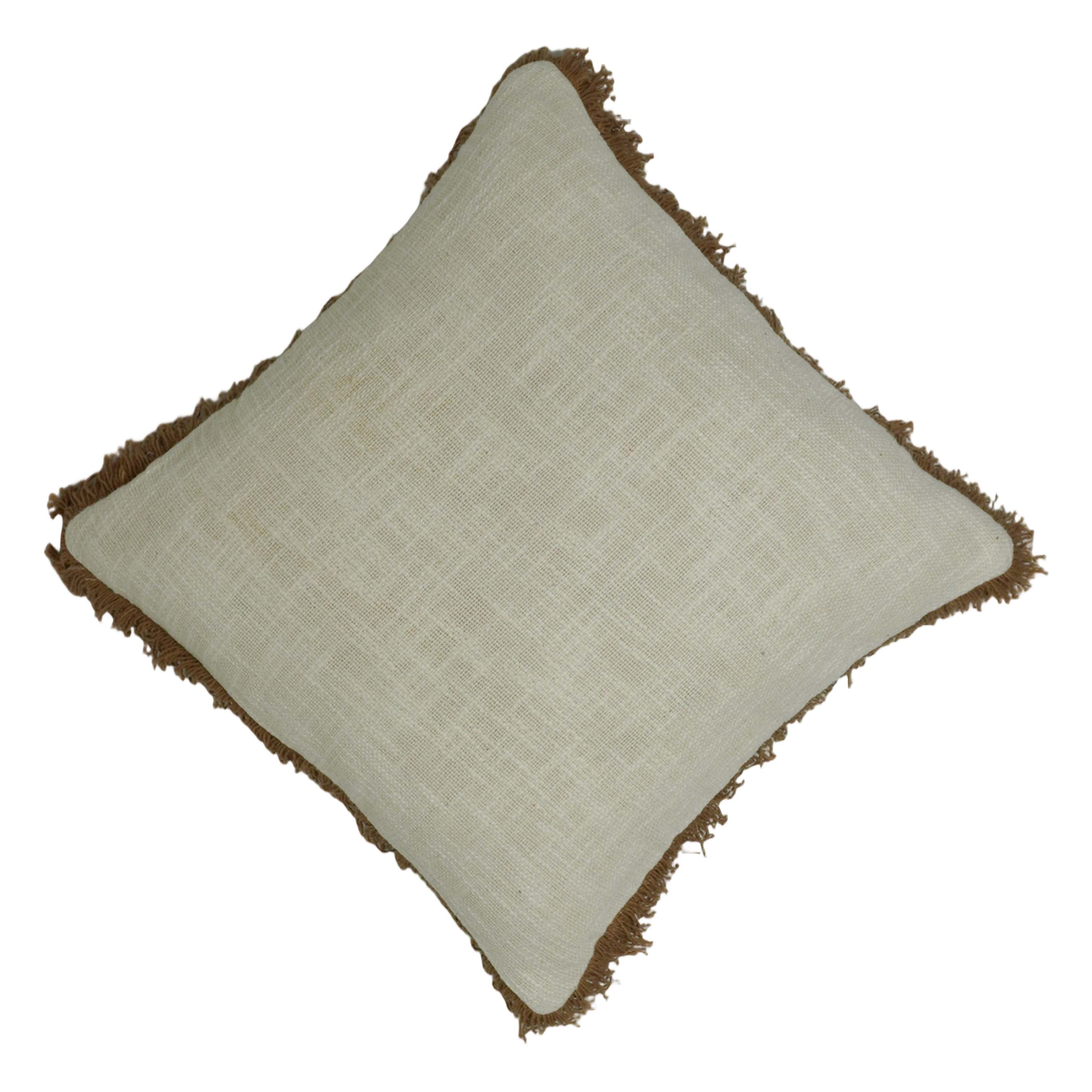 Handwoven Cotton Cushion Cover with Brown Fringe – 45 x 45 cm | Natural Ivory Textured Boho Accent Pillow Cover