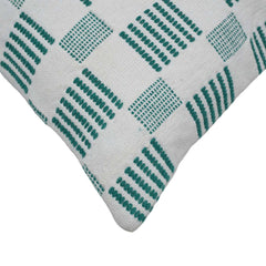 Handwoven Cotton Checkered Cushion Cover 45x45 cm | Geometric Woven Throw Pillow Cover | White & Teal Decorative Cushion Cover | Modern Home Décor