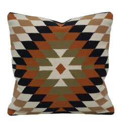 Handwoven Geometric Diamond Pattern Cotton Cushion Cover – Rust, Black, Olive & Ivory – 45 x 45 cm