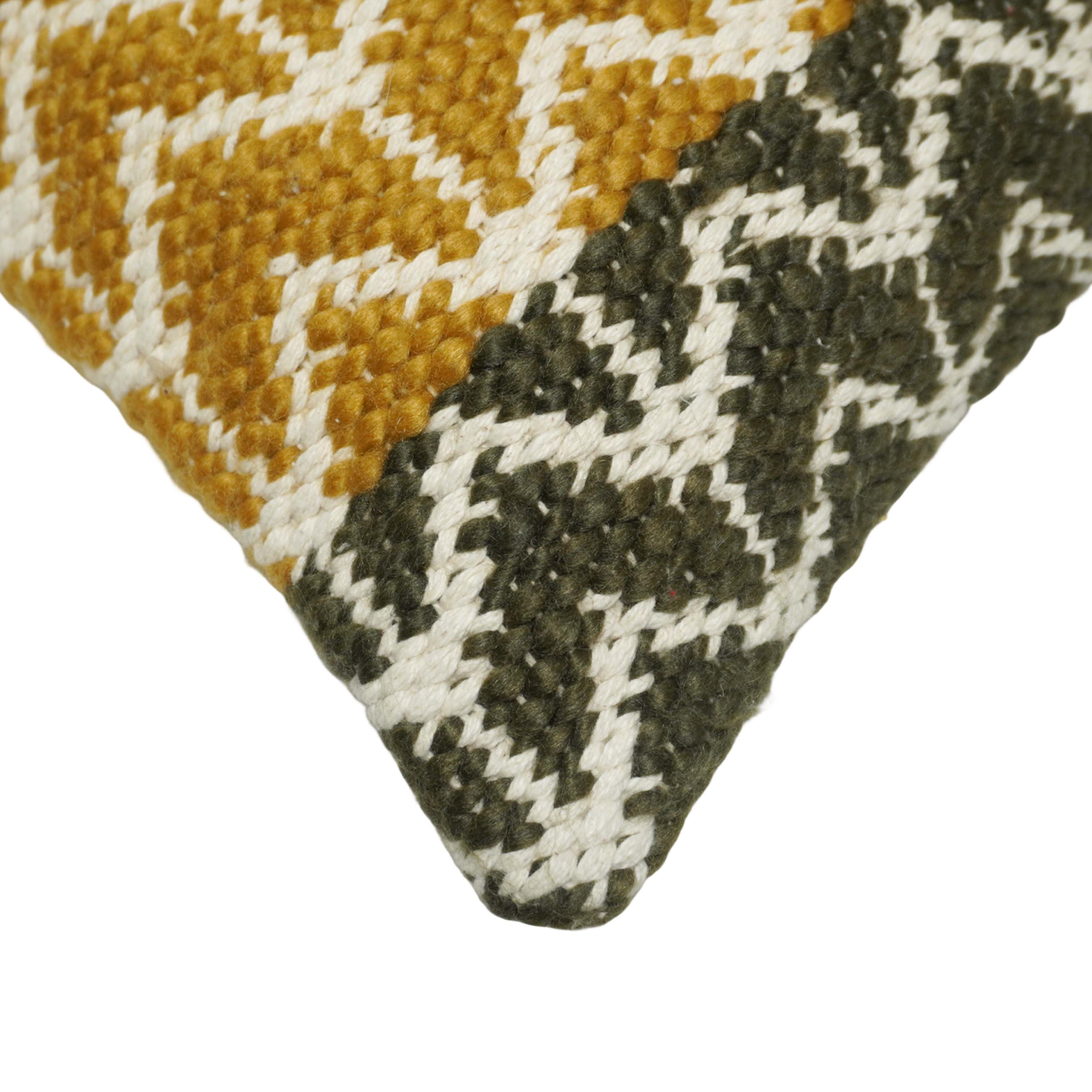 Handwoven Cotton Cushion Cover 45x45 cm | Geometric Woven Textured Throw Pillow Cover | Mustard, Olive & Ivory | Hidden Zipper | Boho Modern Home Décor