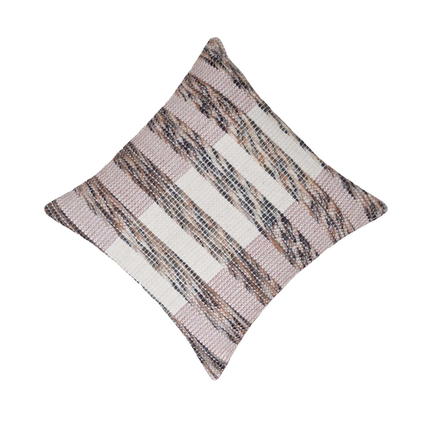 Handmade Woven Cotton Cushion Cover 45x45 cm | Textured Striped Throw Pillow Cover | Boho Farmhouse Decorative Cushion Cover | Hidden Zipper | Beige Brown