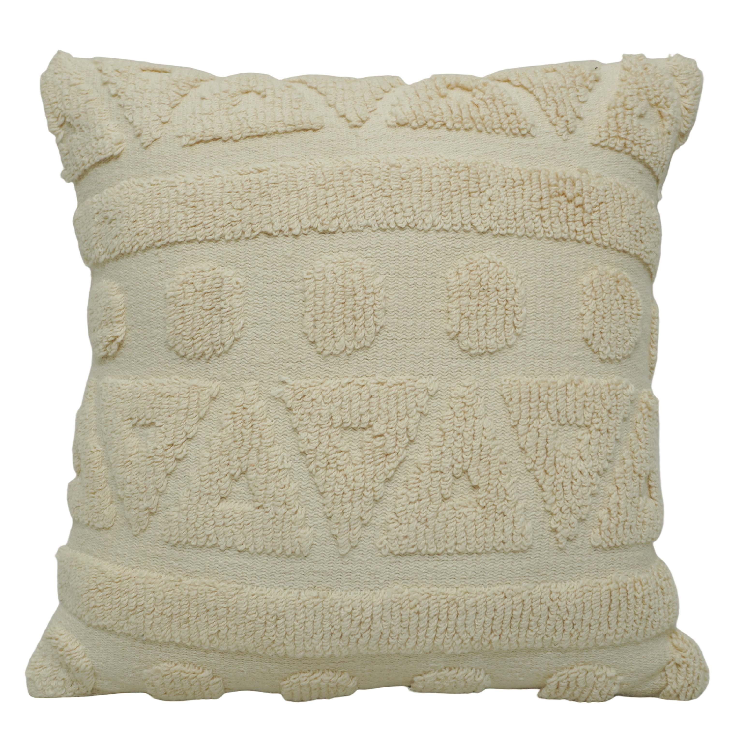 Hand Tufted Loop Cotton Cushion Cover 45x45 cm | Textured Geometric Boho Throw Pillow Cover | Ivory Decorative Cushion Cover | Concealed Zip | 18x18 Inch