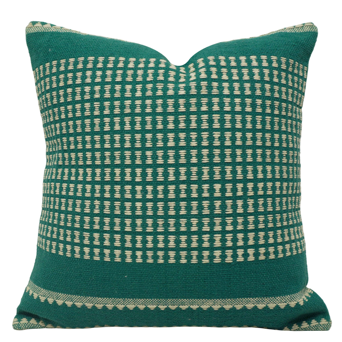 Handwoven Cotton Cushion Cover 45x45 cm | Green & Ivory Woven Geometric Pattern | Artisan Handmade Decorative Throw Pillow Cover | Concealed Zip | 100% Cotton