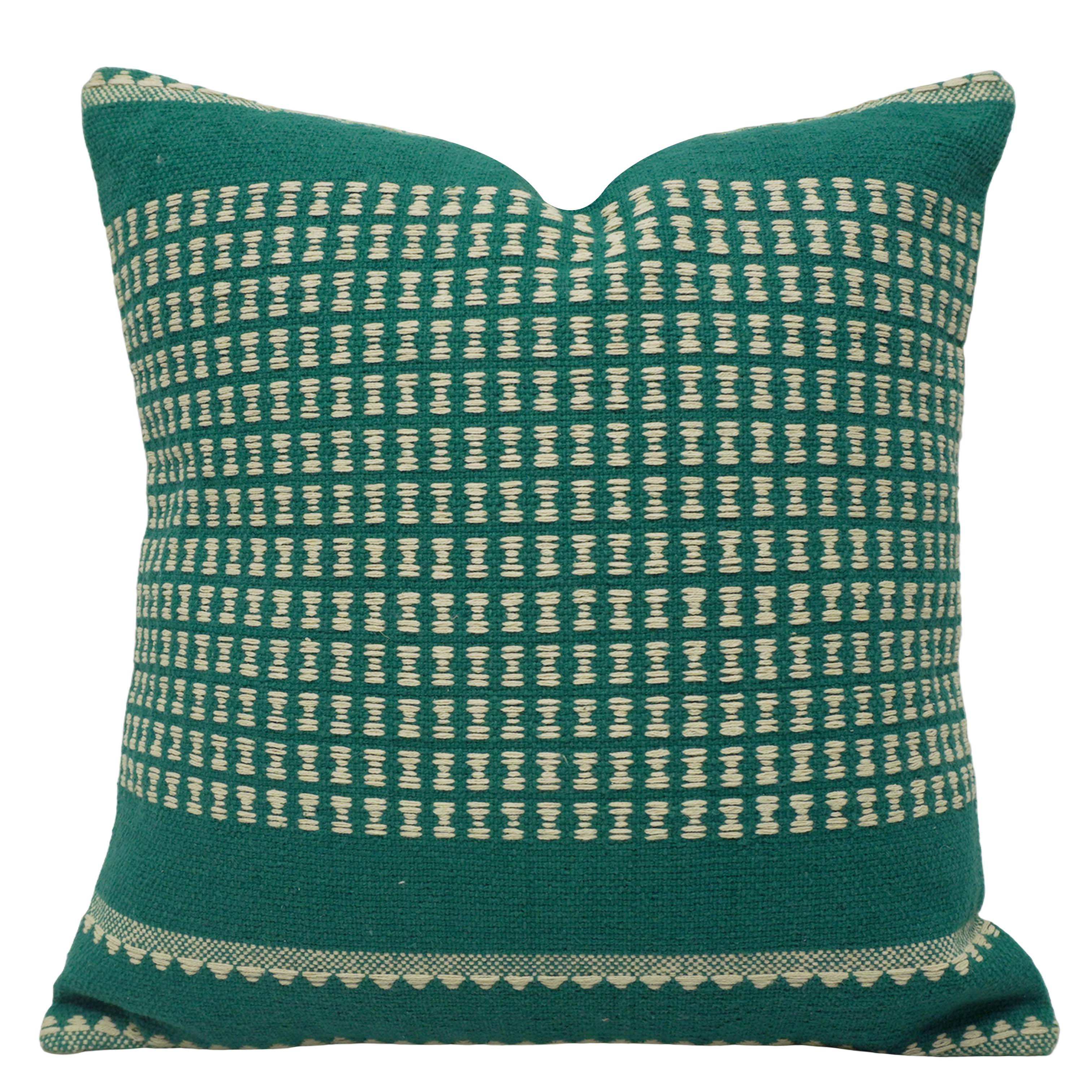 Handwoven Cotton Cushion Cover 45x45 cm | Green & Ivory Woven Geometric Pattern | Artisan Handmade Decorative Throw Pillow Cover | Concealed Zip | 100% Cotton