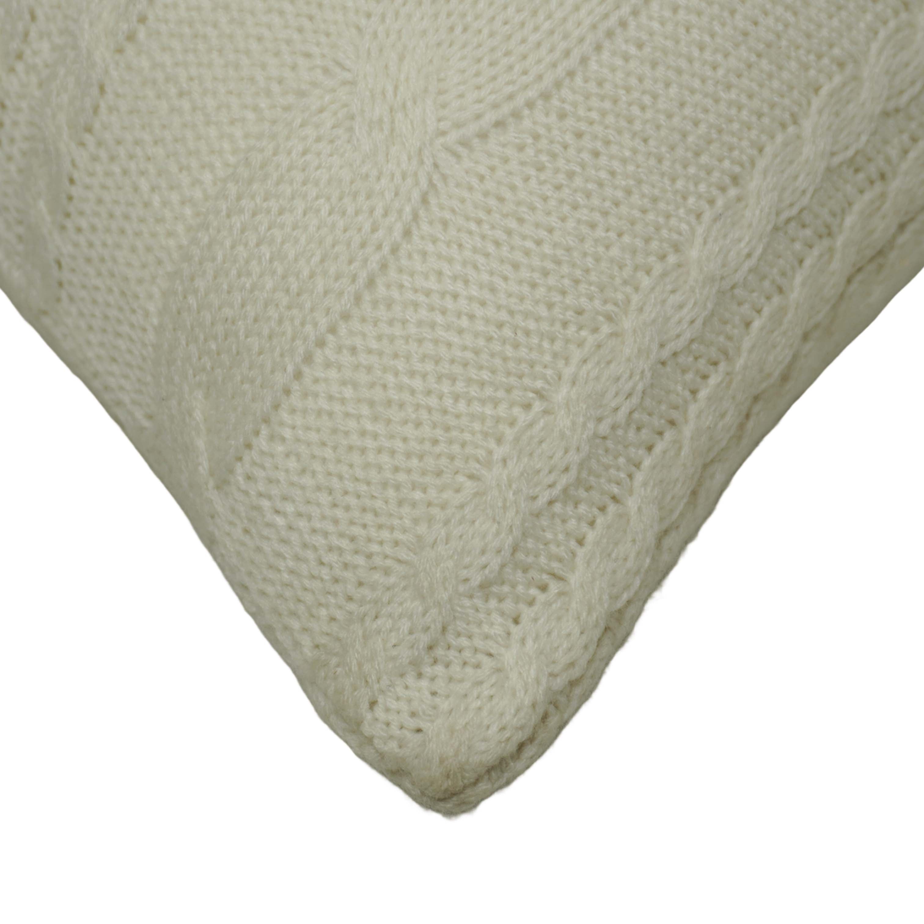 Hand Knitted Cotton Cushion Cover 45x45 cm | Cable Knit Decorative Throw Pillow Cover | Soft Textured Sofa & Bed Cushion Cover with Hidden Zipper | Ivory
