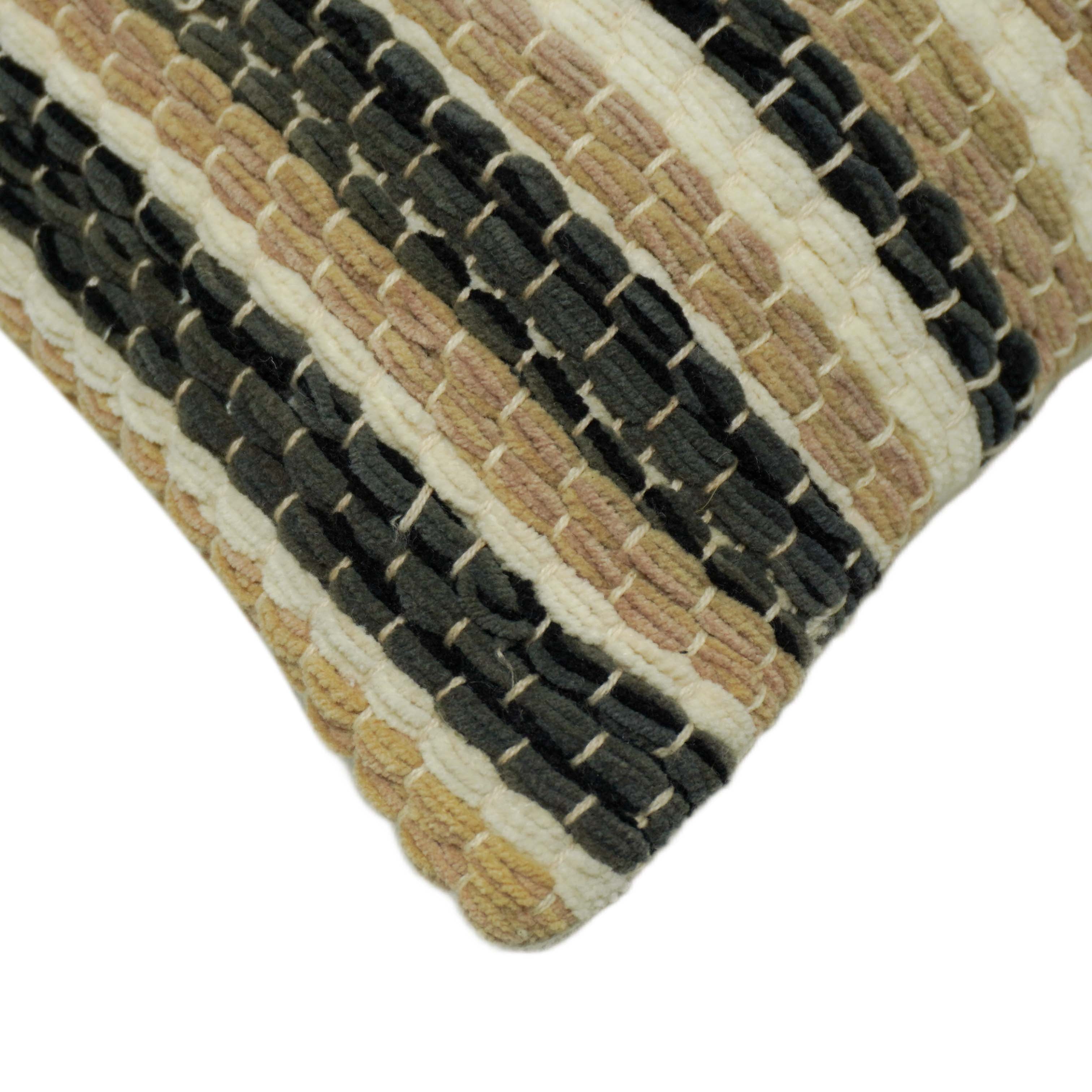**Handwoven Striped Cushion Cover 45 x 45 cm – Black, Beige & Ivory Textured Cushion Cover**