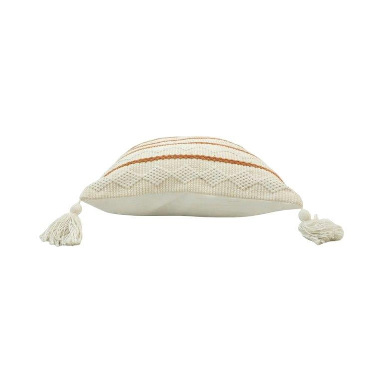 Handwoven Knitted Cotton Cushion Cover with Tassels – Ivory & Rust Striped Textured Design | 45 x 45 cm - Bulk manufacturer & supplier from Panipat, India