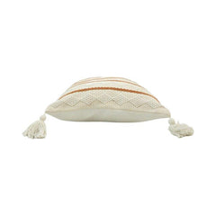 Handwoven Knitted Cotton Cushion Cover with Tassels – Ivory & Rust Striped Textured Design | 45 x 45 cm