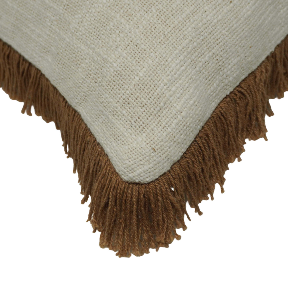 Handwoven Cotton Cushion Cover with Brown Fringe – 45 x 45 cm | Natural Ivory Textured Boho Accent Pillow Cover