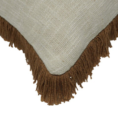 Handwoven Cotton Cushion Cover with Brown Fringe – 45 x 45 cm | Natural Ivory Textured Boho Accent Pillow Cover