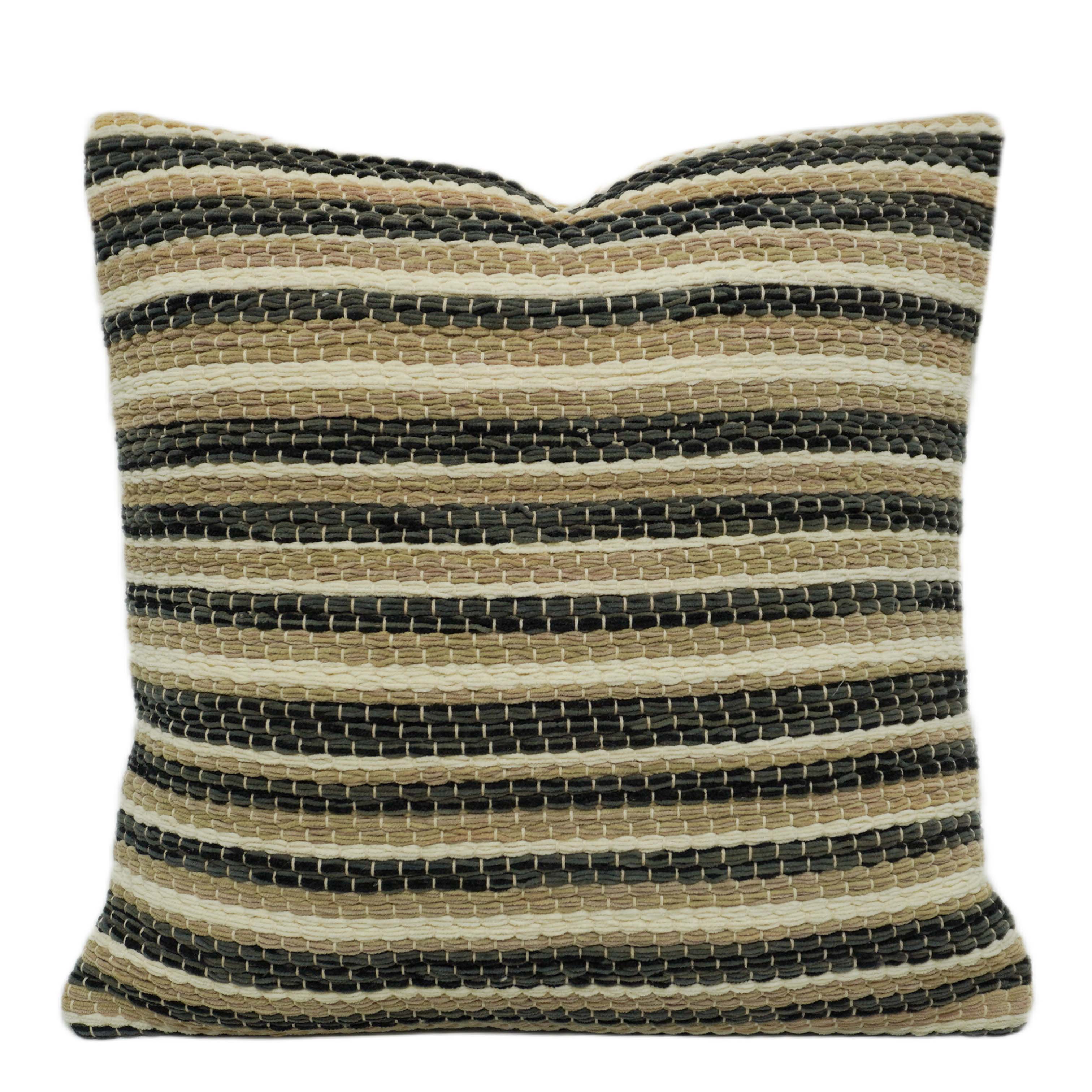 **Handwoven Striped Cushion Cover 45 x 45 cm – Black, Beige & Ivory Textured Cushion Cover**